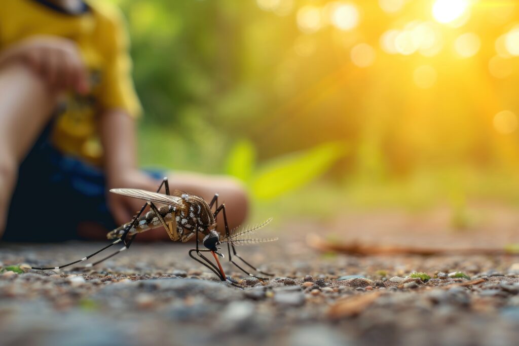 Mosquitoes on the skin. Mosquitoes attack in tropical forests. Insect repellent. Prevention of malaria and dengue fever.